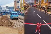 Kolase foto kondisi asli jalan Pasar Talang Padang saat dilintasi kendaraan dan hasil edit wargenet yang diunggah di media sosial, Sabtu 4 April 2026 |