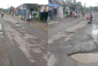 Kolase foto kondisi jalan yang mengalami kerusakan di Jalan Raya Kutawaluyo Gandok, Kecamatan Kutawaluya, Kabupaten Karawang, Jawa Barat, Sabtu 4 April 2026 | Achmad Junaidi/Media Prioritastv.com.