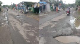 Kolase foto kondisi jalan yang mengalami kerusakan di Jalan Raya Kutawaluyo Gandok, Kecamatan Kutawaluya, Kabupaten Karawang, Jawa Barat, Sabtu 4 April 2026 | Achmad Junaidi/Media Prioritastv.com.