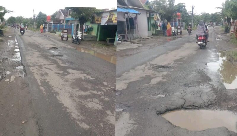 Kolase foto kondisi jalan yang mengalami kerusakan di Jalan Raya Kutawaluyo Gandok, Kecamatan Kutawaluya, Kabupaten Karawang, Jawa Barat, Sabtu 4 April 2026 | Achmad Junaidi/Media Prioritastv.com.