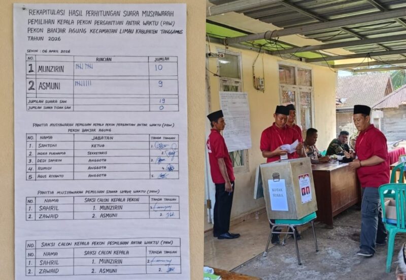 Kolase foto hasil perhitungan suara dan saat perhitungan suara Pilkakon PAW Pekon Banjar Agung, Limau, Tanggamus, Senin 6 April 2026 | ist/Media Prioritastv.com.