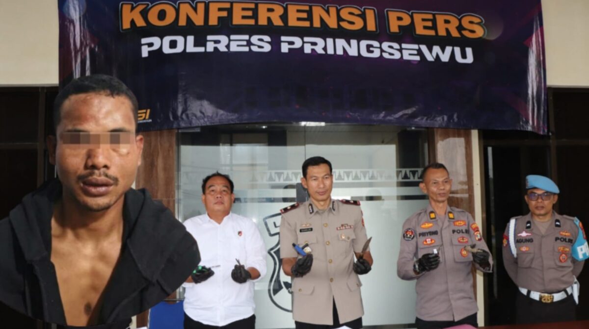 Konferensi pers penangkapan buronan Curannor yang kabur saat hendak dioperasi di RSUD Pringsewu dan (insert) tersangka Suradi yang telah dijebloskan ke sel tahanan, Senin 6 April 2026 | Samuel/Media Prioritastv.com.