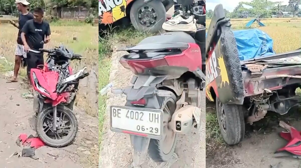 Kolase foto sepeda motor korban 3 saudari kembar dan mobil pickup L300 yang mengalami ringsek usai kecelakaan di Jalinbar Krandegan, Gadingrejo, Pringsewu, Selasa 7 April 2026 | ist/Media Prioritastv.com.