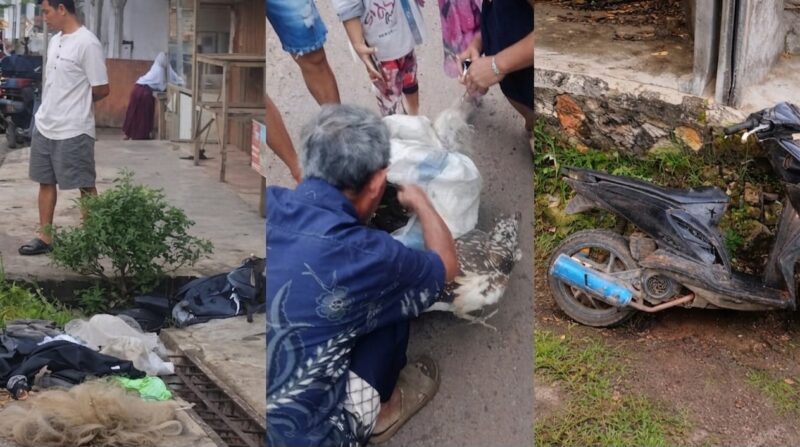 Kolase foto saat warga mengamankan sepeda motor usai sang pencuri kabur dan ayam yang berhasil diamankan kembali serta sepeda motor milik pelaku, Selasa 7 April 2026 | ist/Media Prioritastv.com.