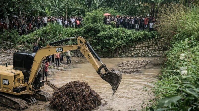 Alat berat yang diterjunkan membuka titik-titik lokasi diduga tersangkutnya korban di sungai Rantau Tijang, Pardasuka, Pringsewu, Selasa 7 April 2026 | ist/Media Prioritastv.com.