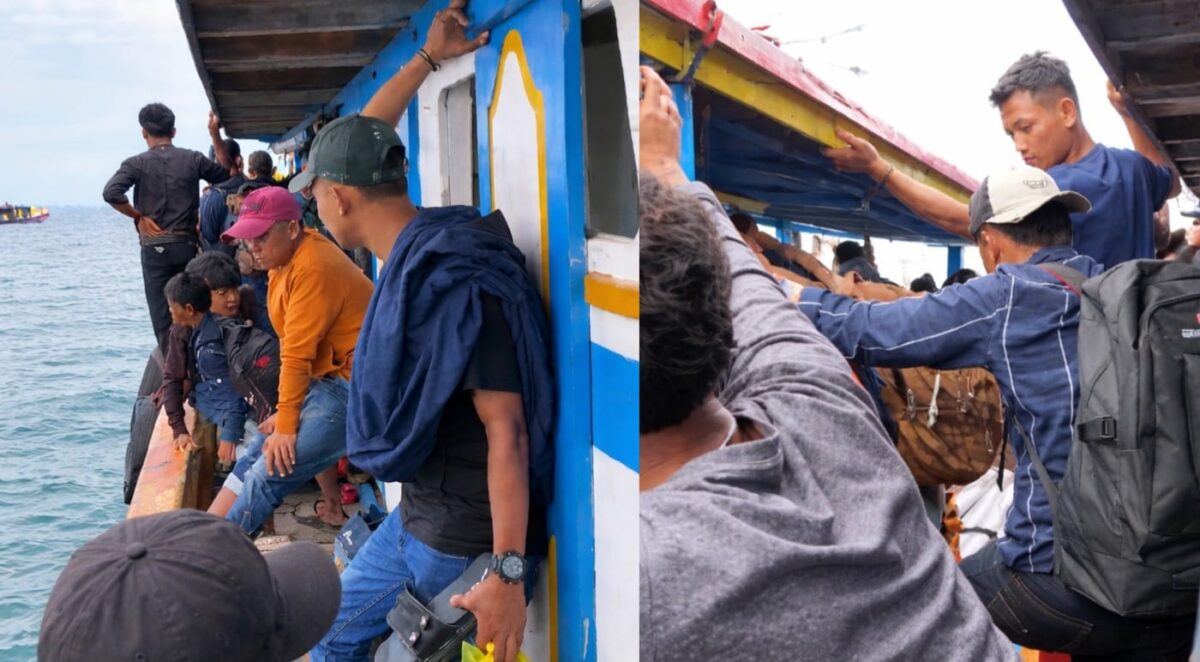 Kolase foto saat para penumpang menunggu bantuan datang dan saat berpindah tempat ke kapal penolong, Kamis 9 April 2026 | ist/Media Prioritastv.com.