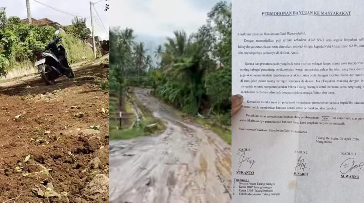 Kolase foto kondisi tanjakan makam dan jalan di Pekon Talang Beringin, Pulau Panggung, Tanggamus dan surat permohonan bantuan yang beredar di media sosial, Minggu 11 April 2026 | ist/Media Prioritastv.com.