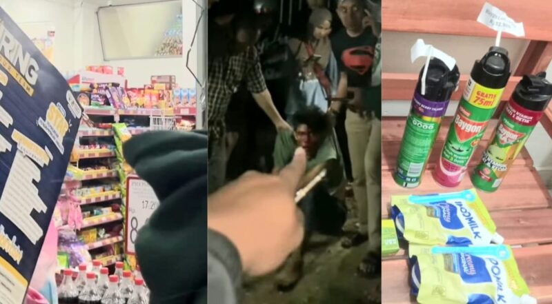 Kolase foto pintu Alfamart Pringsewu Timur yang pecah dan saat pelaku diamankan massa serta barang bukti yang berhasil disita polisi, Jumat 24 April 2026, malam | ist/Media Prioritastv.com.