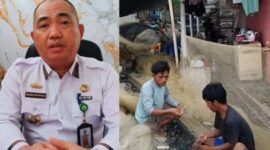 Kadis Perikanan Tanggamus, Darma Setiawan saat memberikan keterangan pers dan saat sejumlah nelayan memperbaiki jaring di Lingkungan Kapuran, Kelurahan Pasar Madang, Kota Agung, Tanggamus, Jumat 24 April 2026 | Herdi/Media Prioritastv.com.