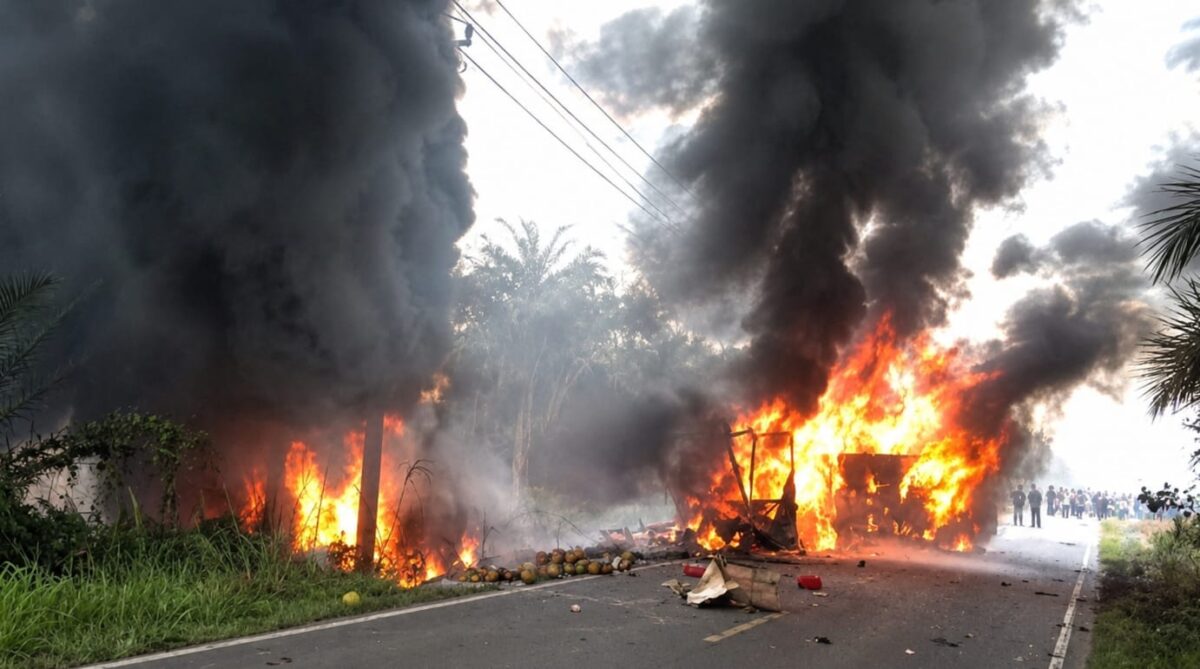 Kondisi saat kebakaran usai tabrakan Bus ALS dengan truk BBM di Kawasan Simpang Danau,, Musi Rawas Utara, Rabu 6 Mei 2026, siang | ist/Media Prioritastv.com.