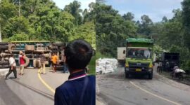 Kolase foto saat truk melintang di jalan Tanjakan Mayit, Bengkunat, Pesisir Barat usai kecelakaan dan setelah dievakuai sehingga kendaraan dapat melintas di kedua arah, Selasa 12 Mei 2026 | ist/Media Prioritastv.com.