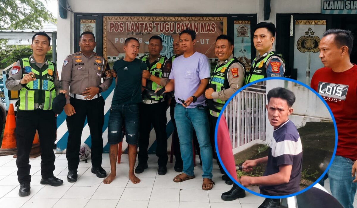 Alviqi Duta Pertama saat diamankan di Poslantas Tugu Payan Mas, Kota Bumi, Lampung Utara, Selasa 12 Mei 2026 dan insert saat diirinya viral terekam hendak beraksi di Pasar Lama beberapa bulan lalu | ist/Media Prioritastv.com.