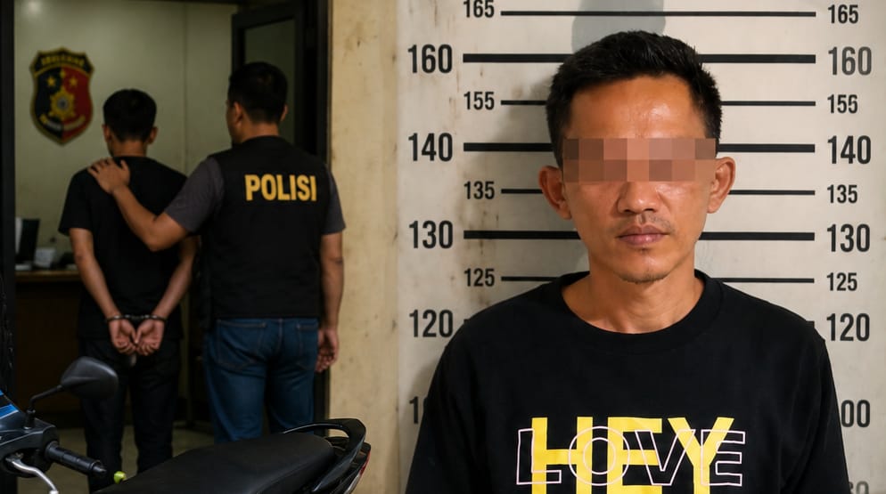 Kolase foto saat tersangka hendak dijebloskan sel tahanan dan tampang pelaku yang dirilis polisi, Sabtu 16 April 2026 | Dok. Humas Polres Tanggamus.