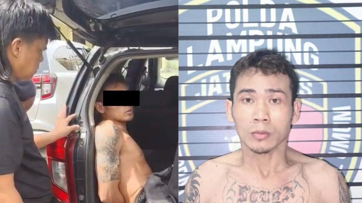 Tersangka sesaat setelah ditangkap dan saat dibawa ke Jatanras Polda Lampung, Senin 18 Mei 2026 | Dok. Humas Polda Lampung.