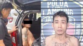Tersangka sesaat setelah ditangkap dan saat dibawa ke Jatanras Polda Lampung, Senin 18 Mei 2026 | Dok. Humas Polda Lampung.