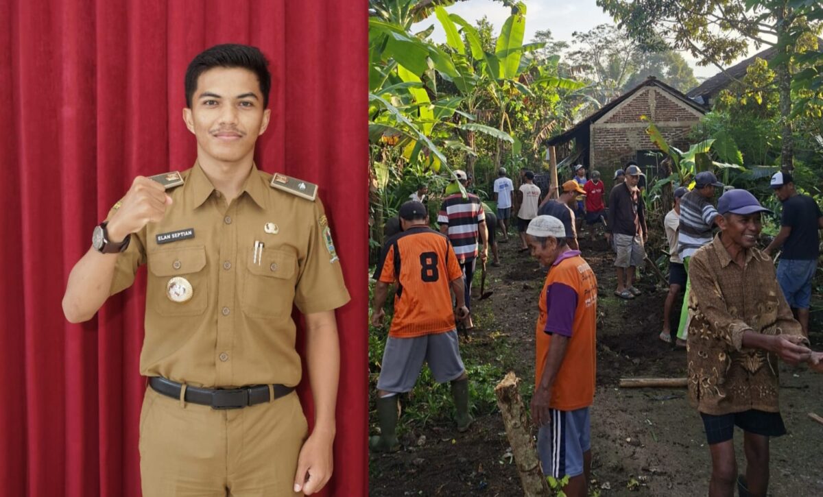 Kolase foto kepala desa Medayu, Anugeah Elan Septian dan saat warga Desa Medayu, Wanadadi, Banjarnegara, Jawa Tengah ketika gotong royong, Minggu 24 Mei 2026 | Faisal/Media Prioritastv.com.