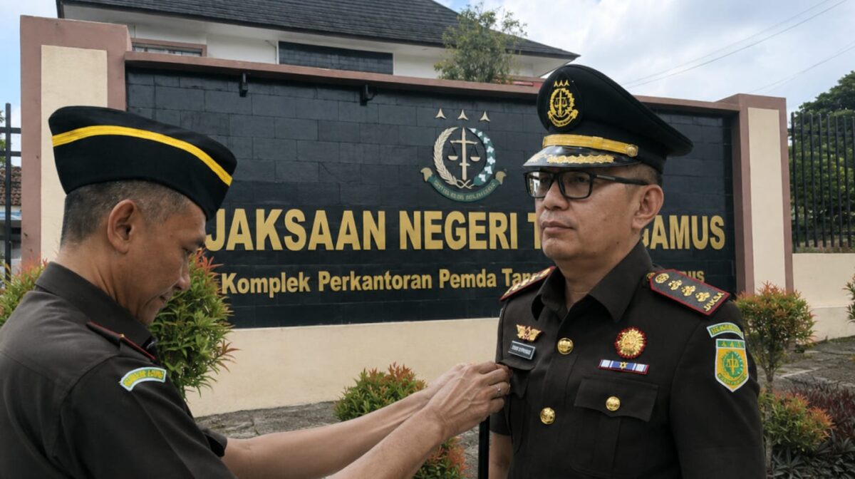 Kajari Tanggamus Subari Kurniawan saat dilantik dan backgrund plang nama Kejari Tanggamus | ist/Media Prioritastv.com.