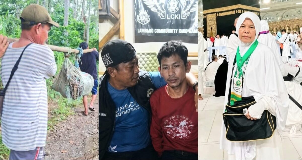 Kolase foto saat korban dievakuasi warga, Senin 25 Mei 2026 dan saat pelaku diinterogasi polisi, Minggu 24 Mei 2026, malam serta korban ketika melaksanakan ibadah haji | ist/Media Prioritastv.com.