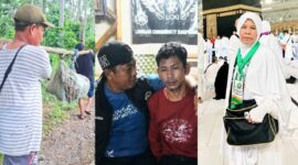 Kolase foto saat korban dievakuasi warga, Senin 25 Mei 2026 dan saat pelaku diinterogasi polisi, Minggu 24 Mei 2026, malam serta korban ketika melaksanakan ibadah haji | ist/Media Prioritastv.com.