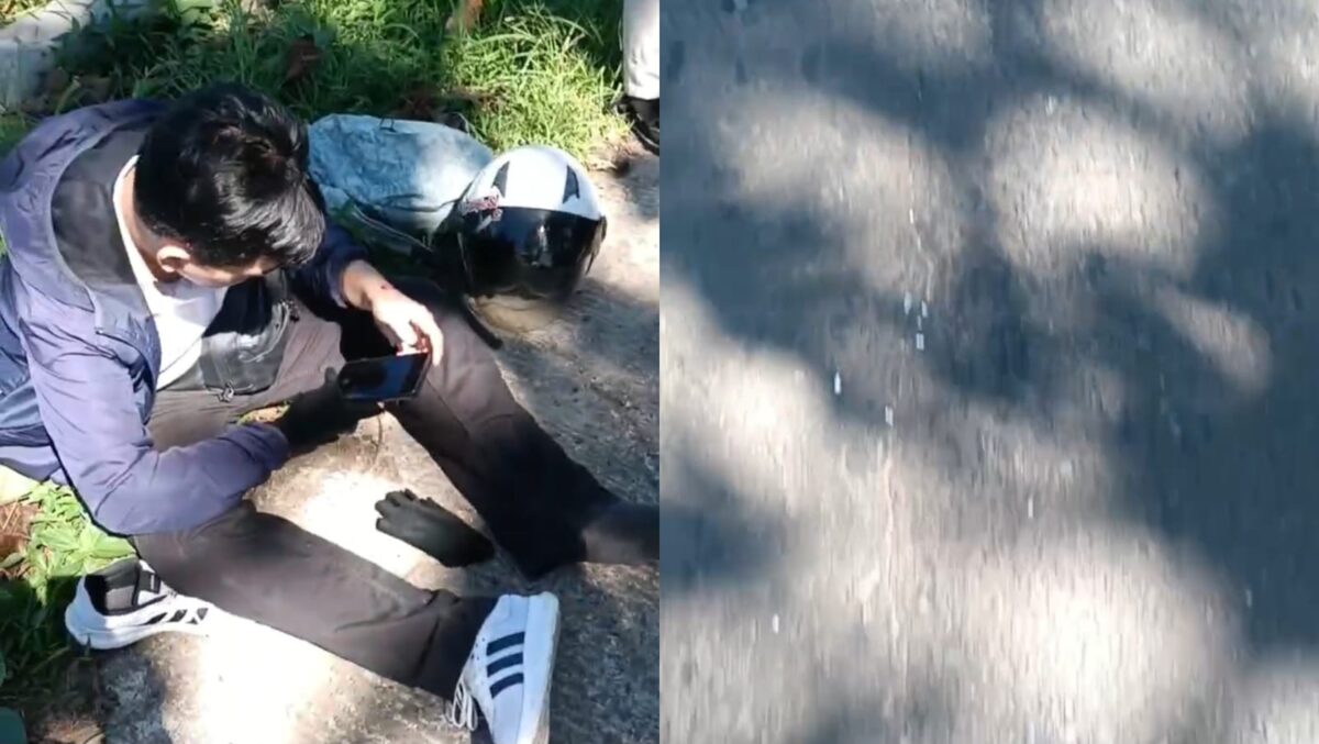 Kolase foto korban terguling saat akan dievakuasi dan kondisi oli serta bekas motor korban yang tergelincir, Jumat 29 Mei 2026 | ist/Media Prioritastv.com.