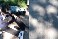 Kolase foto korban terguling saat akan dievakuasi dan kondisi oli serta bekas motor korban yang tergelincir, Jumat 29 Mei 2026 | ist/Media Prioritastv.com.