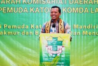 Bupati Pringsewu, Riyanto Pamungkas saat memberikan sambutan acae Muskomda VI Pemuda Katolik Lampung di Hotel Urban, Sabtu 30 Mei 2026 | Samuel/Media Prioritastv.com.