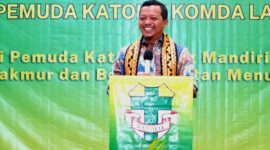 Bupati Pringsewu, Riyanto Pamungkas saat memberikan sambutan acae Muskomda VI Pemuda Katolik Lampung di Hotel Urban, Sabtu 30 Mei 2026 | Samuel/Media Prioritastv.com.