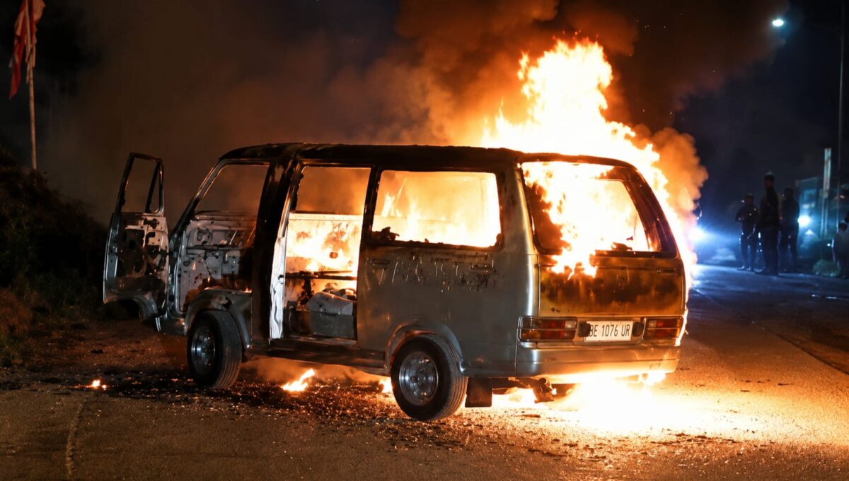 Kondisi mobil angkot yang terbakar di sekitar jembatan Sekampung, Sukoharjo, Pringsewu, Sabtu 30 Mei 2026 | ist/Media Prioritastv.com.