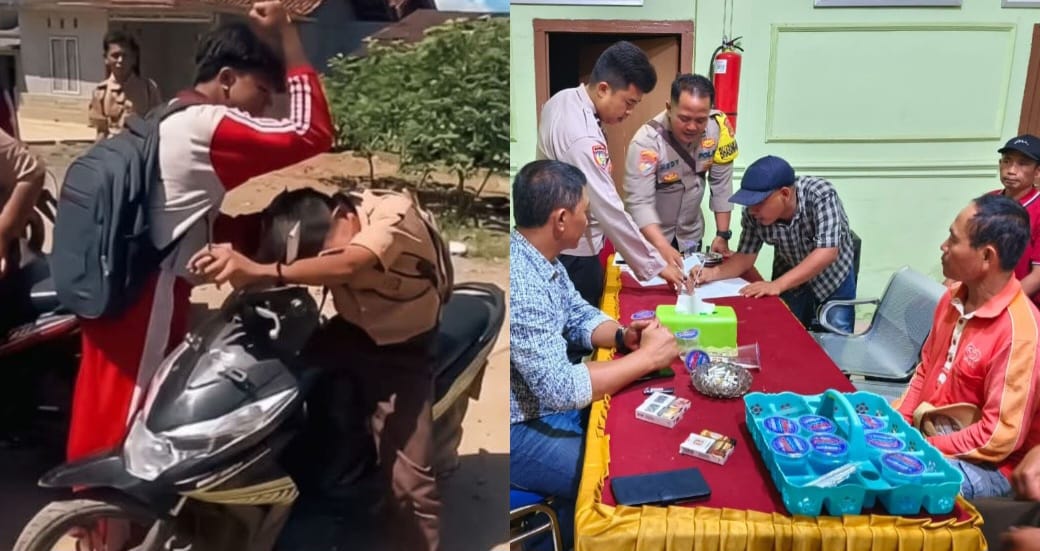 Kolase foto saat terjadinya penganiayaan pelajar Ambarawa Pringsewu yang videonya viral dan saat penandatanganan perdamaian di Balai Pekon Sumberagung Pringsewu, Sabtu 30 Mei 2026, malam | ist/Media Prioritastv.com.