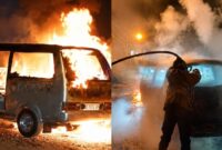 Kolase foto saat angkot terbakar hebat dan penanganan Damkar di sekitar jembatan Sekampung, Sukoharjo, Pringsewu, Sabtu 30 Mei 2026, malam | ist/Media Prioritastv.com.