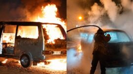 Kolase foto saat angkot terbakar hebat dan penanganan Damkar di sekitar jembatan Sekampung, Sukoharjo, Pringsewu, Sabtu 30 Mei 2026, malam | ist/Media Prioritastv.com.