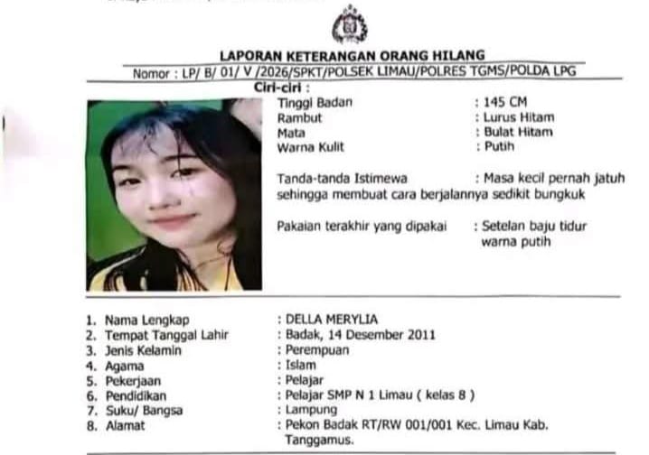 Laporan keterangan orang hilang atasnama Della Merylia ke Polsek Limau | ist/Media Prioritastv.com.