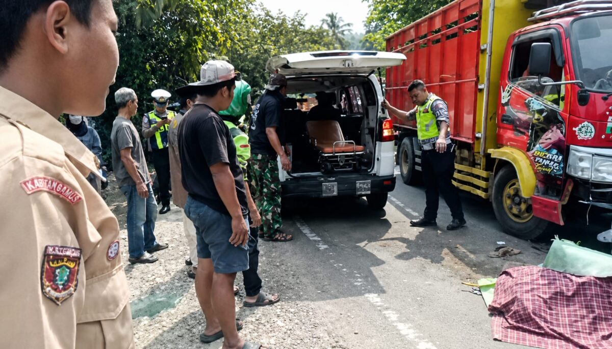 Polisi saat melakukan evakuasi jenazah korban usai kecelakan di Jalan Raya Batu Kramat, Kota Agung Timur, Tanggamus, Jumat 5 Juni 2026 | Herdi/Media Prioritastv.com.