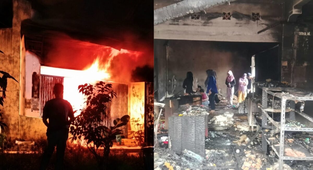 Kolase foto saat api berkobar yang diabadikan warga dan kondisi toko yang hancur lebur akibat keganasan sijago merah, Selasa 9 Juni 2026 | ist/Media Prioritastv.com.