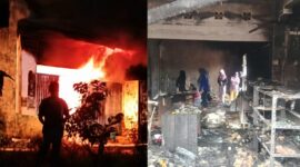 Kolase foto saat api berkobar yang diabadikan warga dan kondisi toko yang hancur lebur akibat keganasan sijago merah, Selasa 9 Juni 2026 | ist/Media Prioritastv.com.