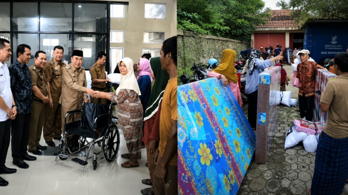Kolase foto saat Bupati Tanggamus H. Moh. Saleh Asnawi menyerahkan bantuan Atensi Kemensos kepada 562 penerima dari 20 kecamatan di Aula Dinsos setempat, Selasa 9 Juni 2026 | Herdi/Media Prioritastv.com.