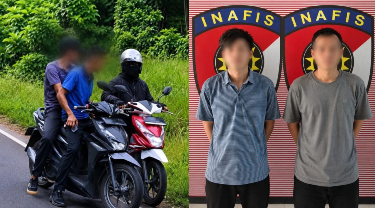 Kolase foto saat pelaku melancarkan aksi terekam kamera netizen yang viral dan saat kedua pelaku diamankan di Polres Lampung Timur | Dok. Humas Polda Lampung/Perbaikan AI.