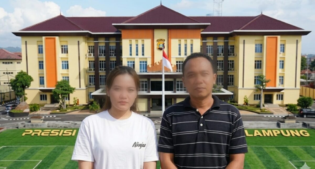 Pasutri yang ditangkap polisi dalam dugaan penipuan dan penggelapan penjualan kopi senilai Rp1,3 Miliar milik petani Lampung Barat dengan background gedung Polda Lampung | ist/Media Prioritastv.com.