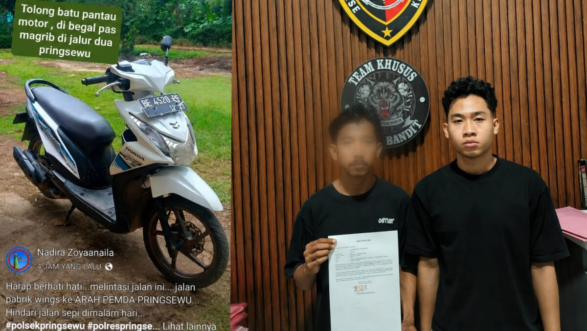 Kolase foto unggahan yang viral terkait sepeda motor dibegal di Pringswu dan saat HI memberikan keterangan di Mapolres Pringsewu, Senin 15 Juni 2026 | Dok. Humas Polres Pringsewu.