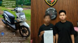 Kolase foto unggahan yang viral terkait sepeda motor dibegal di Pringswu dan saat HI memberikan keterangan di Mapolres Pringsewu, Senin 15 Juni 2026 | Dok. Humas Polres Pringsewu.