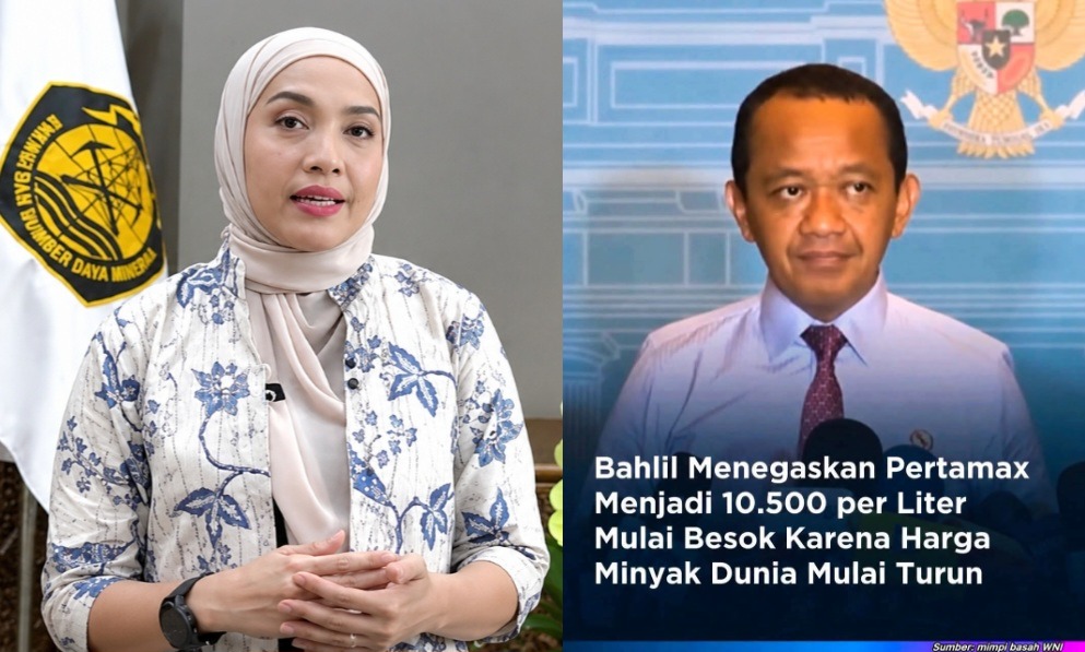 Dwi Anggia, Juru Bicara Menteri ESDM Bahlil Lahadalia saat memastikan harga BBM nonsubsidi akan ikut turun jika harga minyak dunia merosot dan foto Bahlil yang beredar di media sosial menarasikan Pertamax akan turun | ist/Media Prioritastv.com.