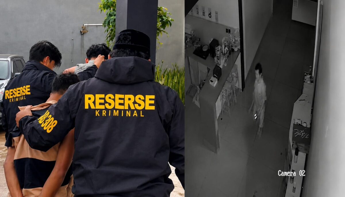 Kolase foto saa tersangka digelandang ke sel tahanan Polsek Pulau Panggung dan saat pelaku terekam kamere CCTV di Toko Pekon Karang Rejo, Ulu Belu | ist/Media Prioritastv.com.