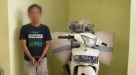 Tersangka Suwarman setelah ditangkap bersama barang bukti sepeda motor dan kopi yang dicurinya, Minggu 21 Juni 2026 | Dok. Humas Polres Tanggamus.