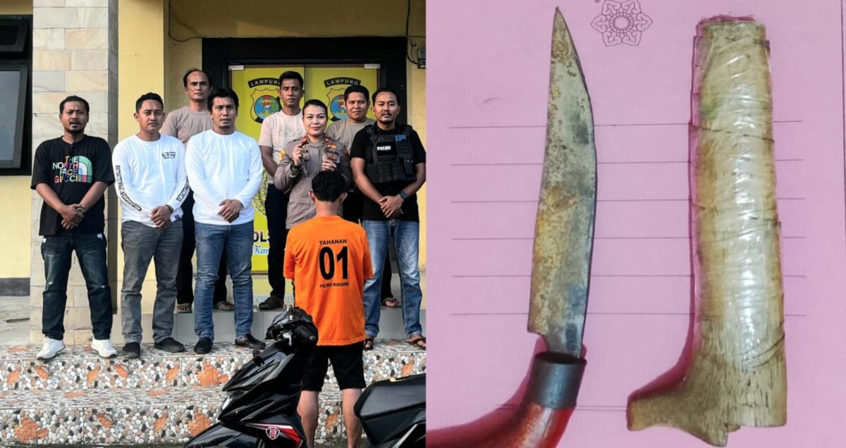 Kolase foto setelah tersangka ditangkap Polsek Wonosobo dan barang bukti senjata tajam yang digunakan mengancam korban | Dok. Humas Polres Tanggamus.