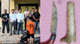 Kolase foto setelah tersangka ditangkap Polsek Wonosobo dan barang bukti senjata tajam yang digunakan mengancam korban | Dok. Humas Polres Tanggamus.