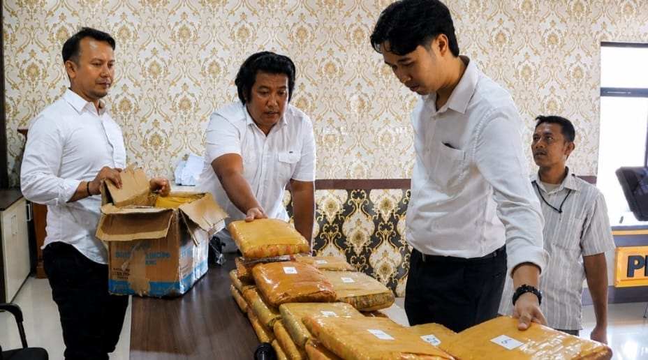 Barang bukti ganja 24 kilogram yang diamankan di salah satu kawasan PO Bus Pringsewu yang ditampilkan dalam konferensi pers di Mapolres Pringsewu, Senin 29 Juni 2026 | Samuel/Media Prioritastv.com.