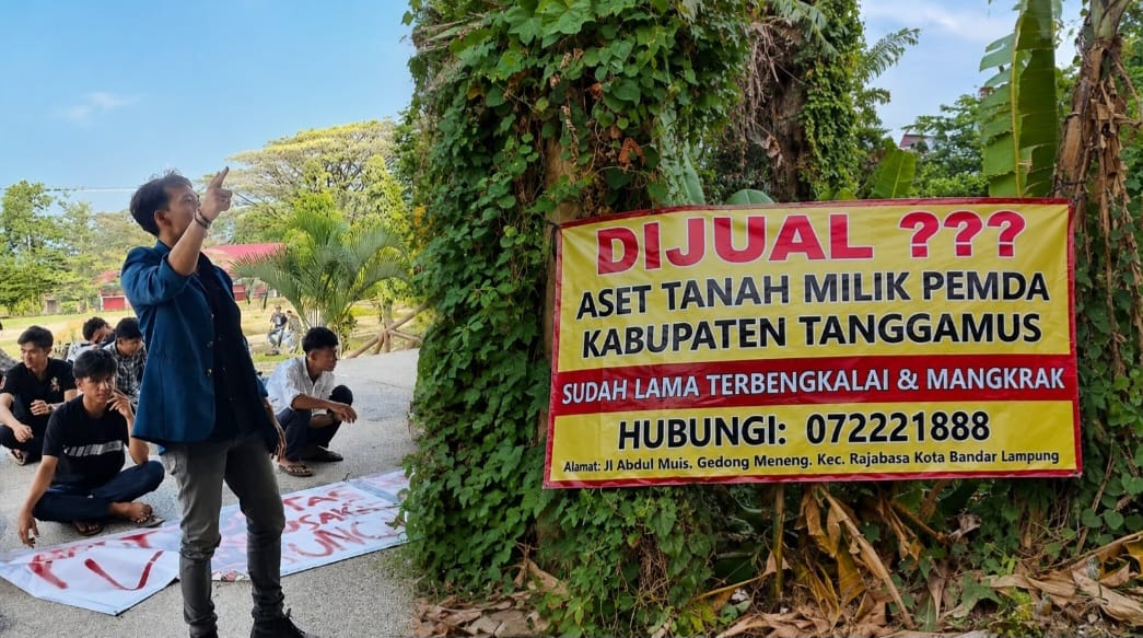 Kolase foto Ketua IKAMM Tanggamus, Berly dan Banner Satire Lahan Pemkab Tanggamus yang dijual | ist/Media Prioritastv.com.