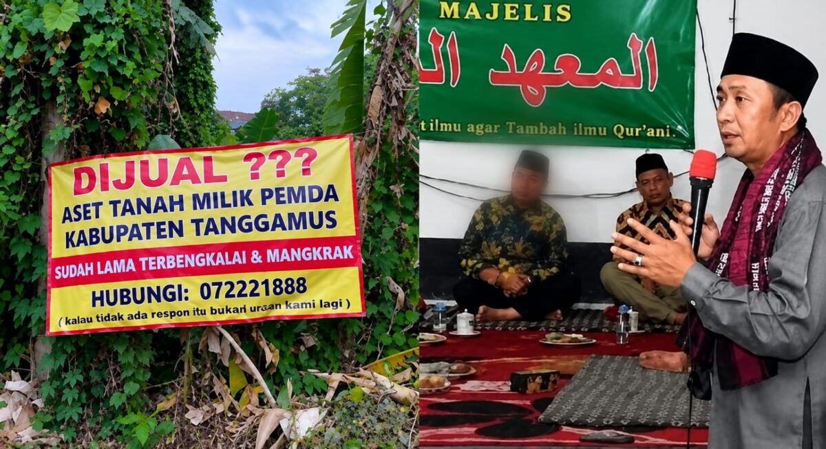 Kolase foto banner satire jual aset Pemkab Tanggamus dan saat Ketua FORMAT Tanggamus dalam kegiatan di Ponpesnya | Ist/Media Prioritastv.com.