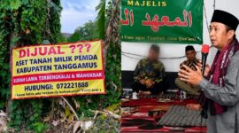 Kolase foto banner satire jual aset Pemkab Tanggamus dan saat Ketua FORMAT Tanggamus dalam kegiatan di Ponpesnya | Ist/Media Prioritastv.com.