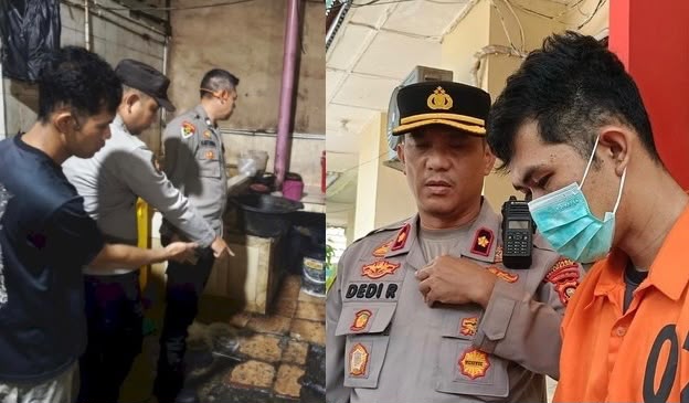 Kolase foto saat polisi melakukan pemeriksaan TKP dan saat tersangka Malfino Marcel setelah ditangkap | ist/Media Prioritastv.com.